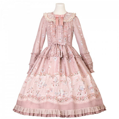 Robe Lolita rose à manches longues et motif floral et chaton