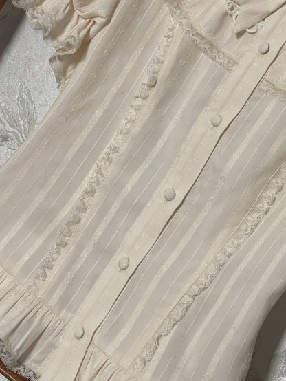 Beige Ruffle Neckline Short Puff Sleeves Blouse