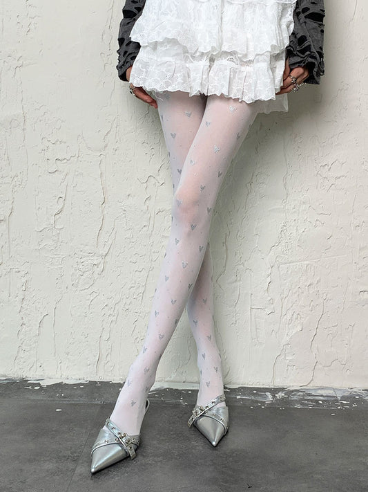 Y2K White Heart Print Tights