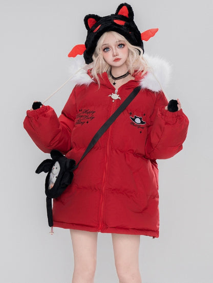 Black/Red Little Devil Hooded Puffer Jacket with Free Ita Bag