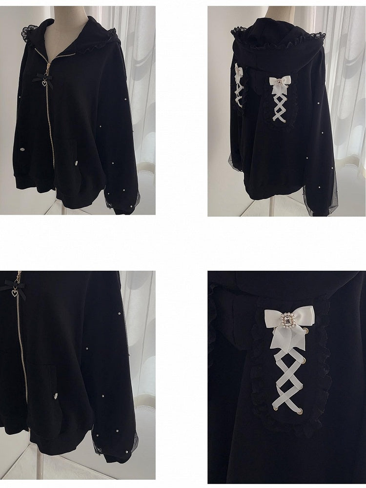 Jirai Kei Black Bunny Ears Lace Trim Hood Bead Details Zip Hoodie