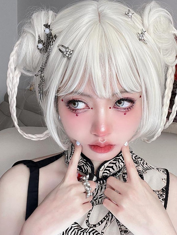 With Two Clips White Bob Wigs Braided Claw Ponytails Cut