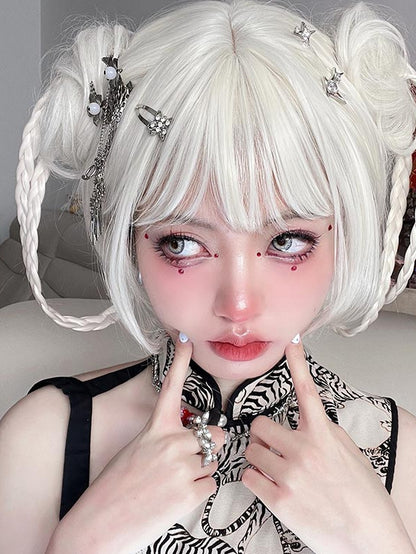 With Two Clips White Bob Wigs Braided Claw Ponytails Cut