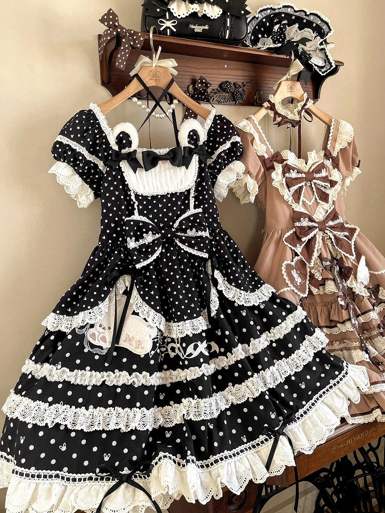 Bunny Plush Square Dress Polka Dots Sweet Lolita Pattern Neckline Black Ears
