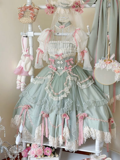 Grünes Baskenhemd mit floralen Schleifen und Hanayome-Lolita-OP / Komplettset