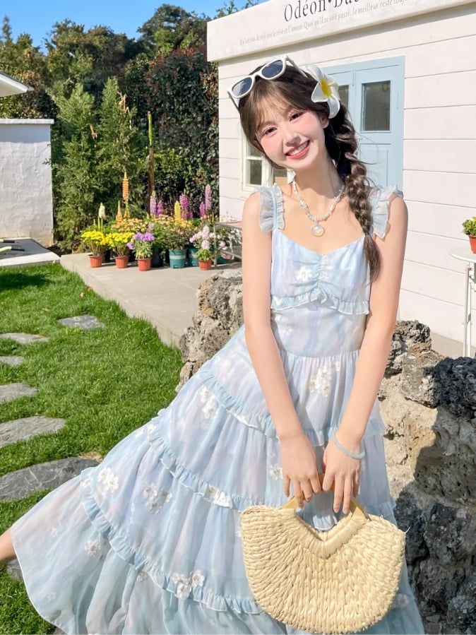 Floral Embroidery Tiered Blue Chiffon Flutter Skirt Sleeves Sleeveless Dress