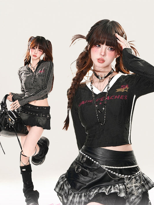 Black/Dark Gray V-Neck Distressed Holes Glamorous Cropped Top