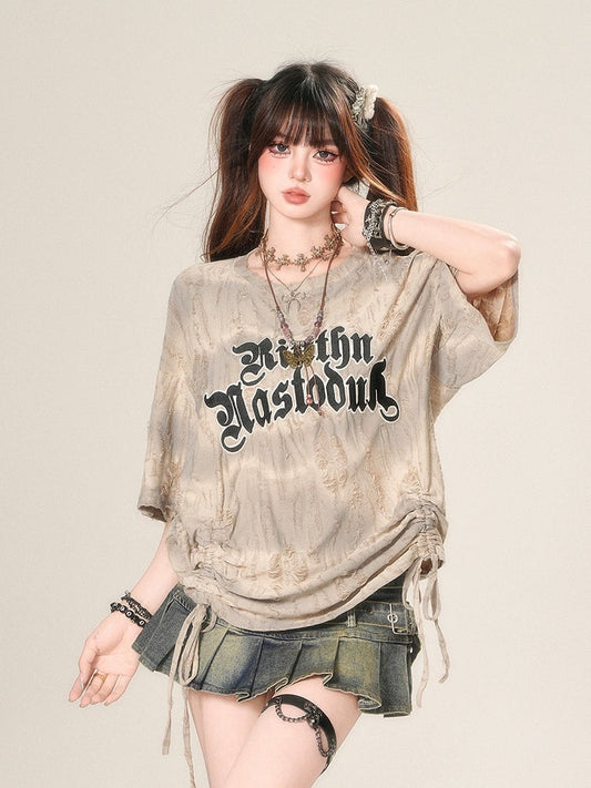 Loose Apricot Letter Print Drawstring Waist Distressed Holes T-Shirt