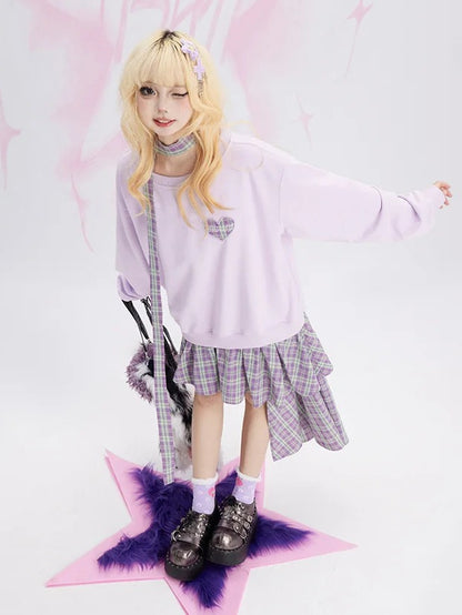 Purple Plaid Patchwork Fake Two-piece Sweatshirt Dress Asymmetrical Hem with Free Scarf