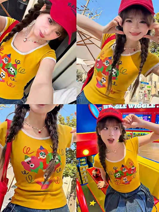 Cartoon Print T-Shirt Neck Ginger Lace Trim Round