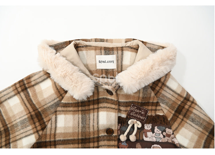 Brown Cute Little Bears Applique Plaid Hooded Woolen Coat Long Version