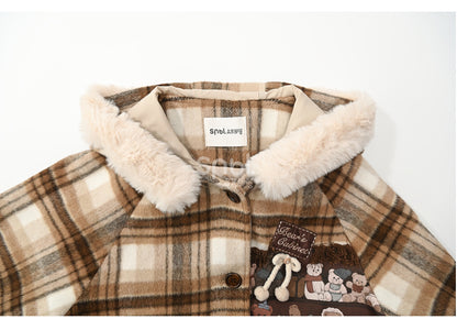 Brown Cute Little Bears Applique Plaid Hooded Woolen Coat Long Version