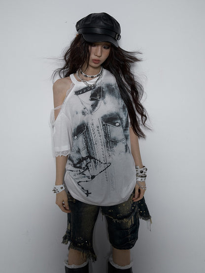 Lace-Trimmed Shoulder with Print Black Denim Lace-Up T-shirt Punk Detail White