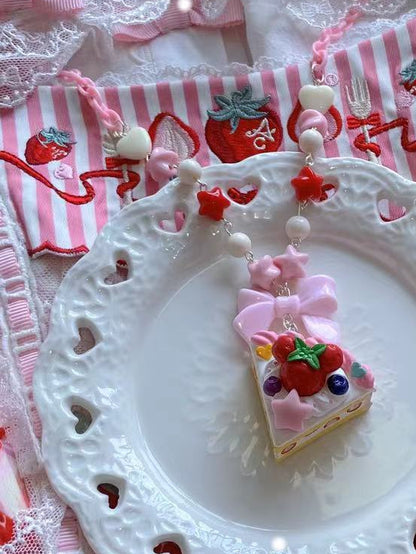 Decorated Pink Pendant Cake Beaded Necklace Bowknot