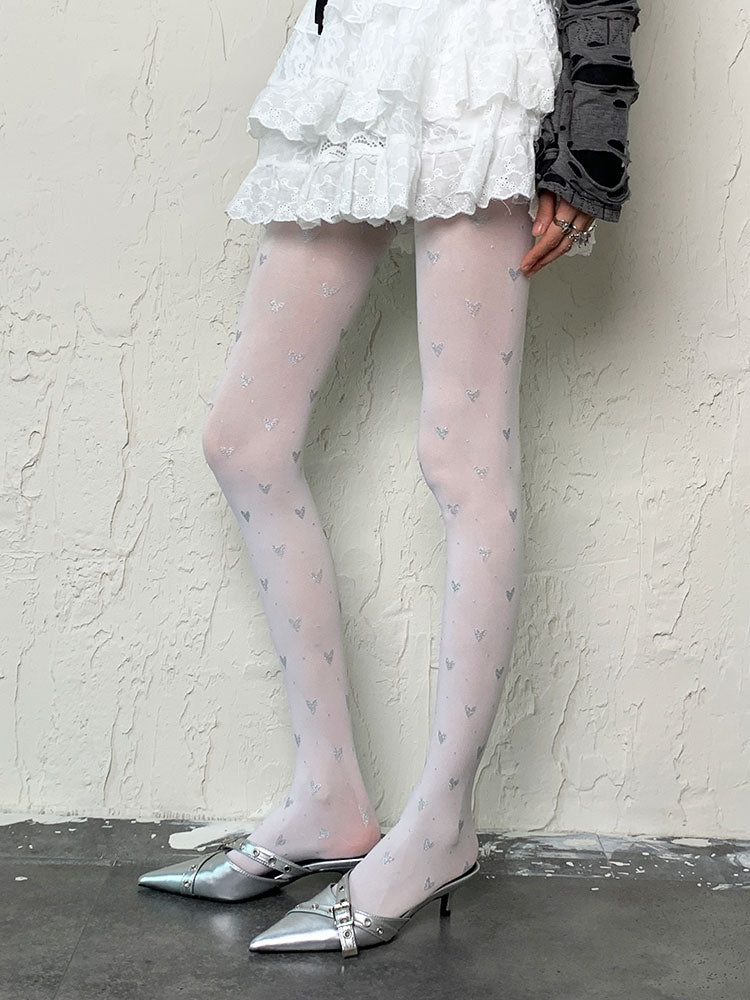 Y2K White Heart Print Tights