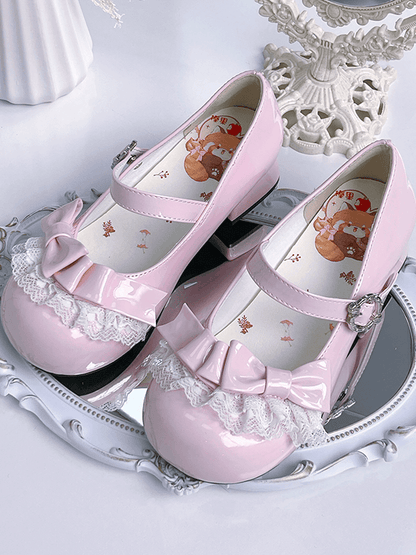- Pink Lace Light Trim Janes Bow Mary Toe Embellishments with Sweet Round Lolita Low-heel Design
