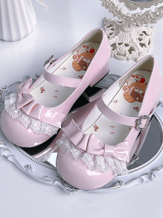 - Pink Lace Light Trim Janes Bow Mary Toe Embellishments with Sweet Round Lolita Low-heel Design