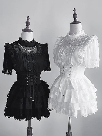 Lace-up Lace-Trimmed Kei Corset Skirt Detail Style Smocked Waist White Back Tiered Jirai