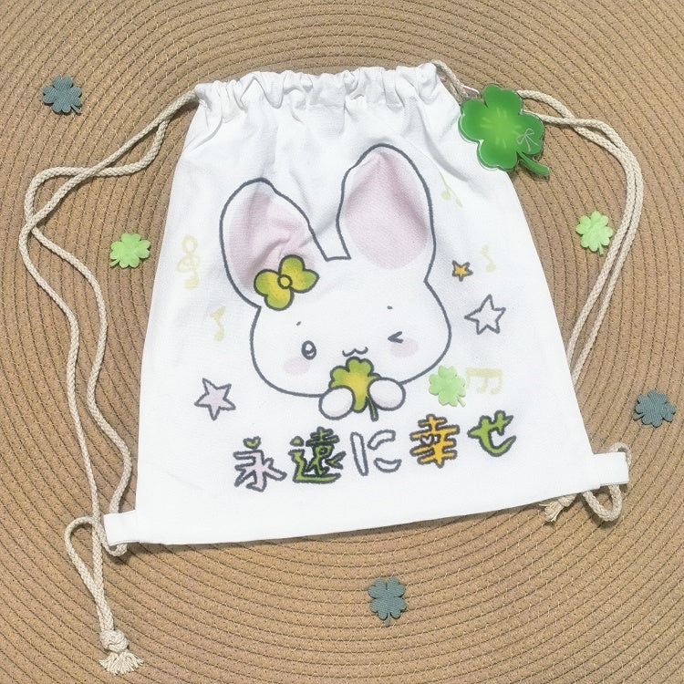 Lucky Four Canvas Backpack Top Clover and Bunny Print Drawstring Free Leaf Charm with White