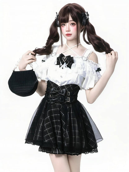 Black Bowknots White Off-the-shoulder Neckline Top Jirai Kei Style with