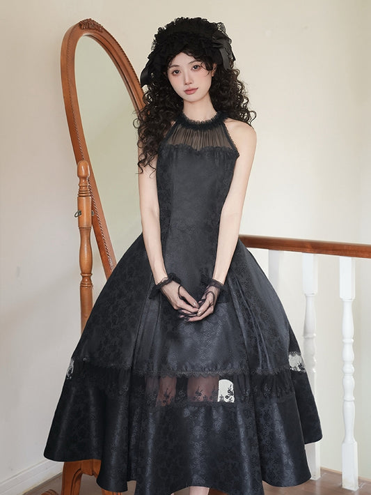 Panels Illusion Rosette All Jacquard Fabric Halter Prom Black Dress Neck Lace