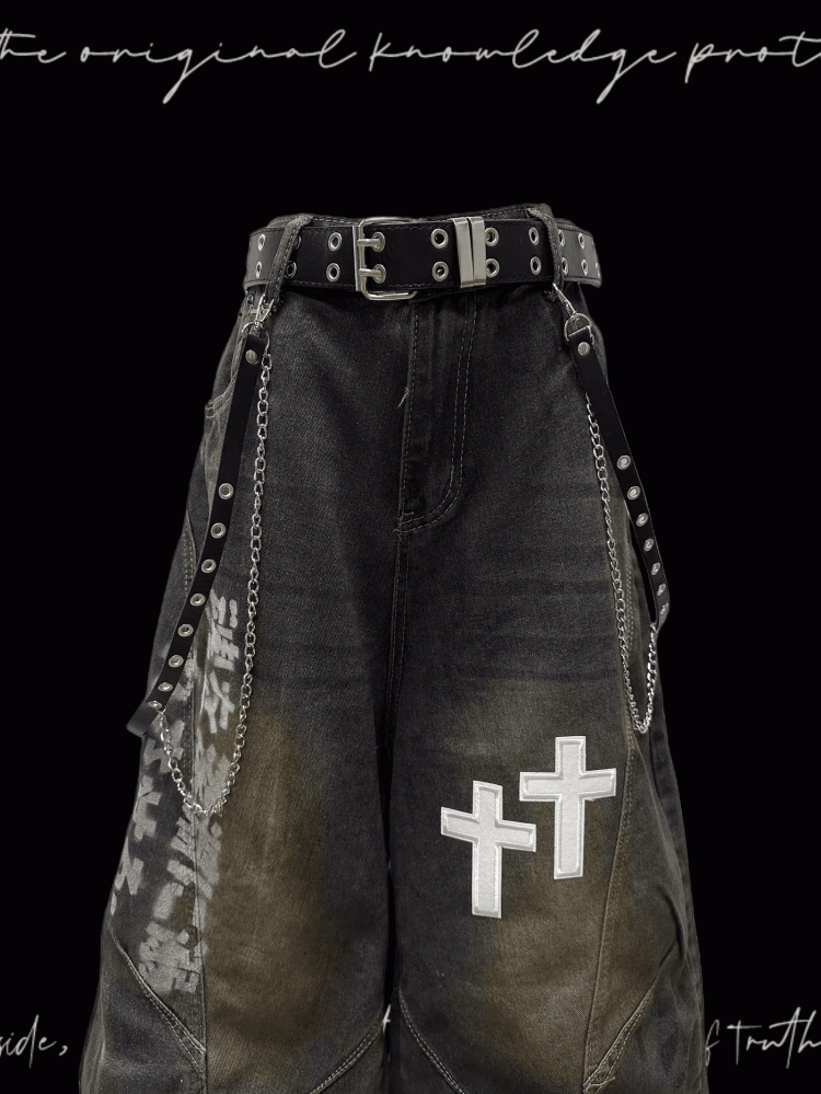 Dunkelblaue Jeans mit weitem Bein, verblasste Waschung, Kreuzapplikationen, Distressed