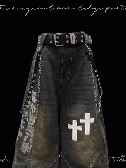 Dunkelblaue Jeans mit weitem Bein, verblasste Waschung, Kreuzapplikationen, Distressed