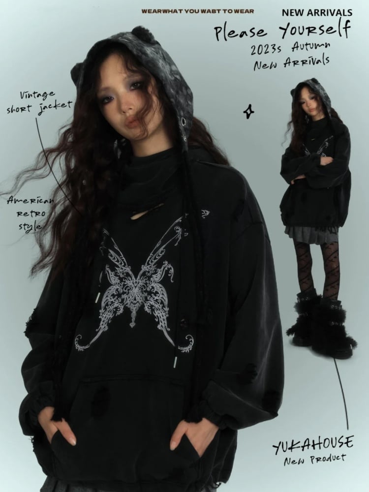 Butterfly Black Distressed Holes Punk Hoodie