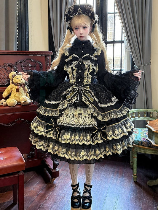 Princess Neckline Lolita Chain Gorgeous Bead Black Bow Flower Dress