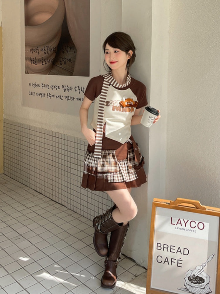 Plaid Patchwork Fashion Y2K Brown Pleated Skirt Millard