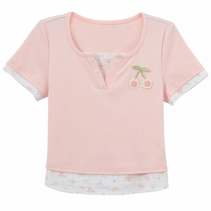 Faux Two-Pieces Pink Cherry Embroidery Sweet Floral T-Shirt