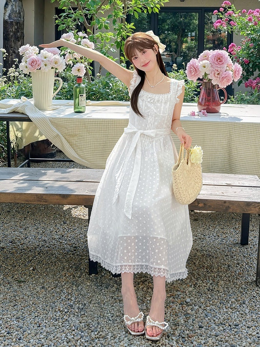 Elegant White Square Neck Flutter Sleeves Lace Sleeveless Self-tie Bow with Dress