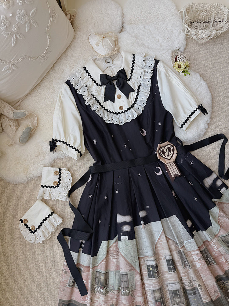Bakery Black Dress Short and Sleeves Lolita Night Print Starry