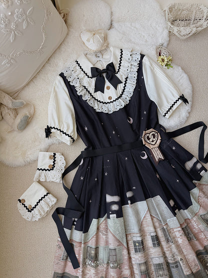 Bakery Black Dress Short and Sleeves Lolita Night Print Starry