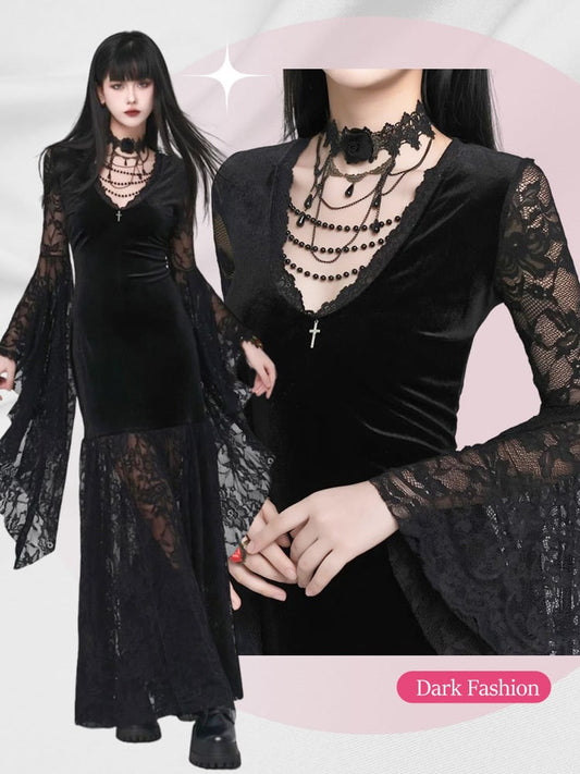 Robe gothique en velours noir, manches cloche, col en V et dentelle