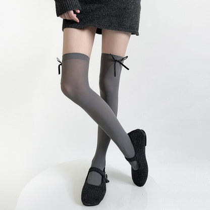 Black Stockings / Semi-sheer Accents Bow Gray JK White