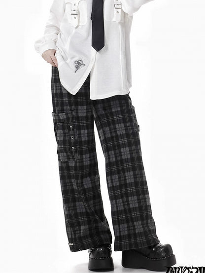 Black Cargo Pockets Plaid Pants