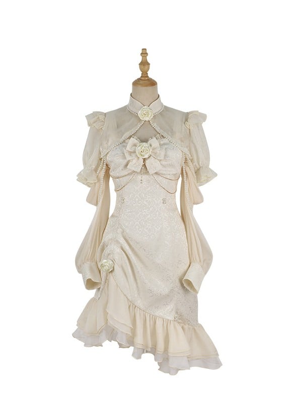 Lolita Mermaid Rose Hemline Ruffle Jacquard Ivory Decoration Detail Bead JSK