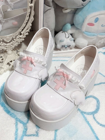 Jirai Kei Pink Yami Kawaii Cross Bowknot Platform Loafers