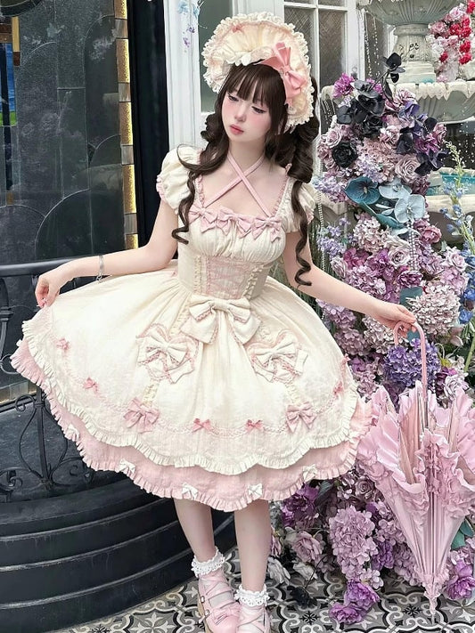 Sleeves Detail Sweet Old School Bowknots Lolita And Dress Yellow Piece One Pink Short Light