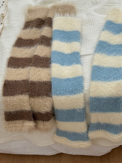 Jambières tricotées en peluche à rayures style années 2000