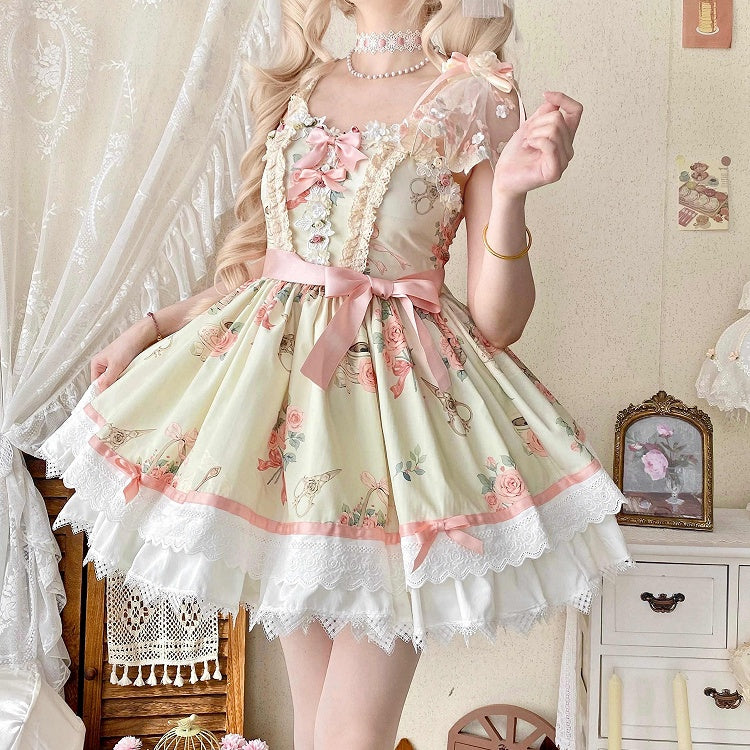 Short Lolita Print Waist Summer Skirt Dress High Rosette Jumper