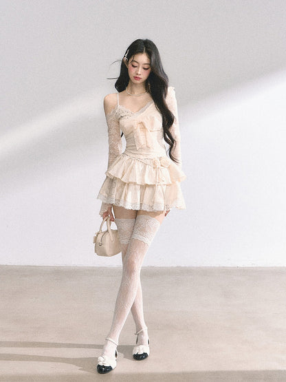Shoulder Apricot V-Neck Cutout Big Bow Front Top