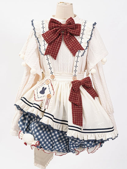 White Long Sleeves Knitted Top Apron Blue Plaid Pattern Bloomer Shorts Sweet Lolita Full Set