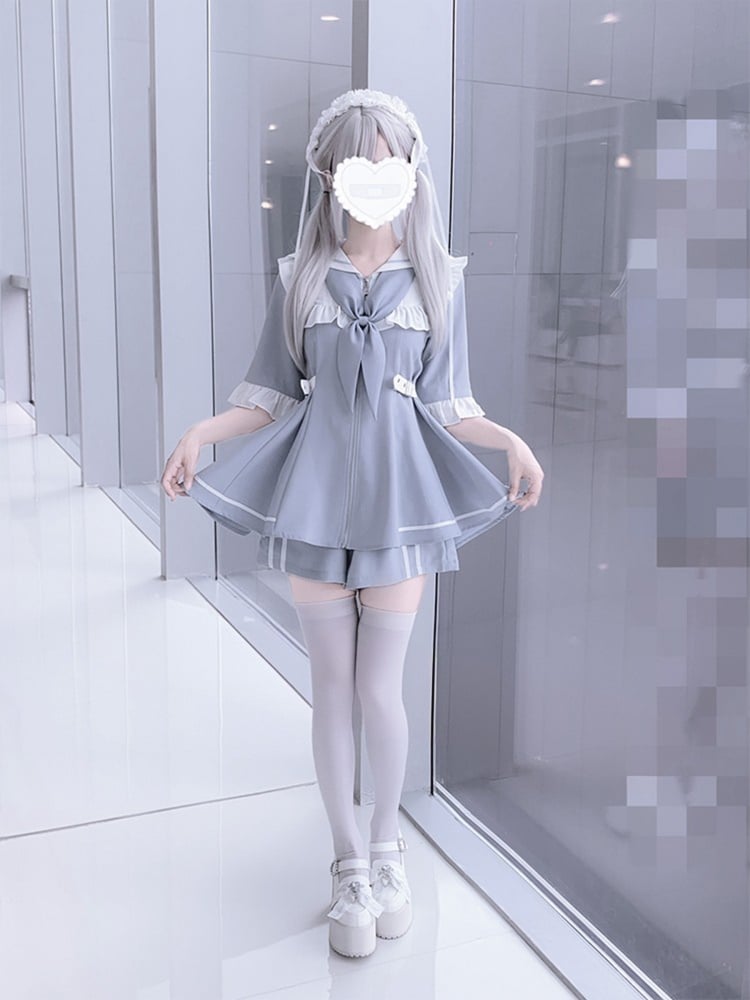 Light Blue Jirai Kei Full Set Sailor Collor Detachable Sleeves Dress