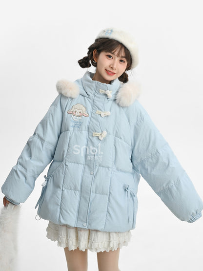 Blue Cute Lamb Applique Bowknot Details Hooded Down Coat Short Version