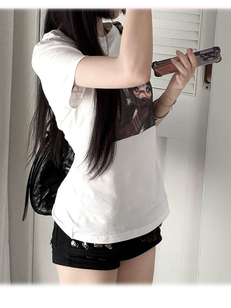 White Round Neck BJD Doll Print Vintage T-Shirt