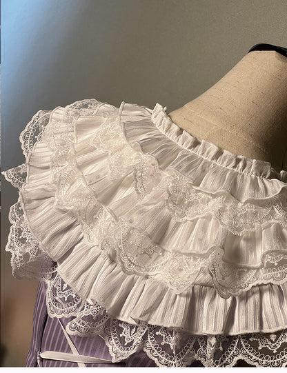 Dress Slim Sleeveless Striped Waist Purple Lolita Fabric Sweet Ruffle White Layered Neck Fit