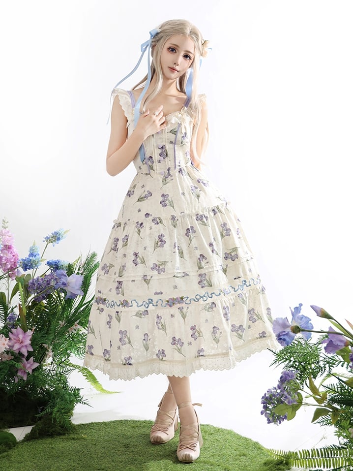 Neckline Jumper Skirt Beige Off-the-shoulder Purple Iris Embroidery