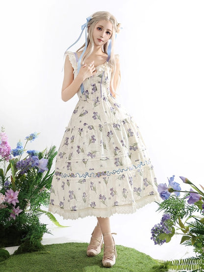 Neckline Jumper Skirt Beige Off-the-shoulder Purple Iris Embroidery